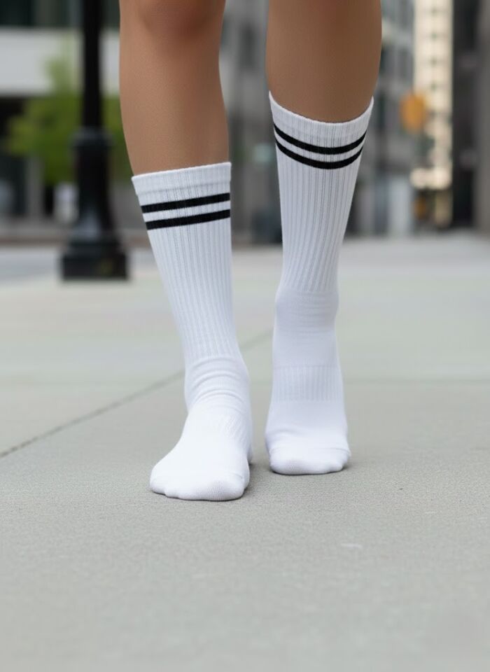 Beyaz-Siyah Çizgili Kolej Çorap