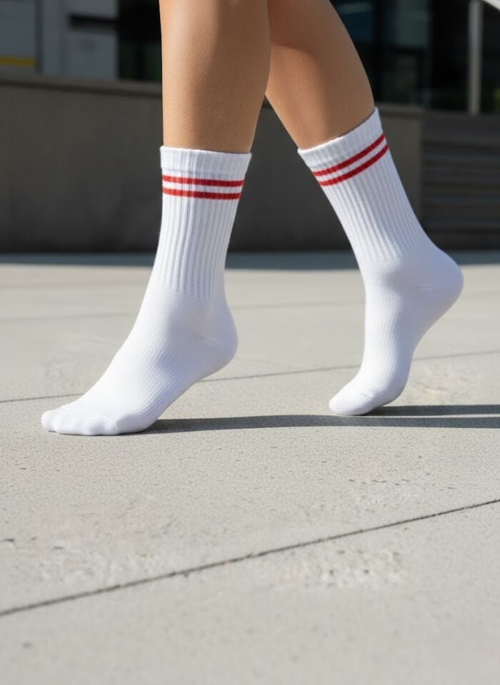 Beyaz-Kırmızı Çizgili Kolej Çorap