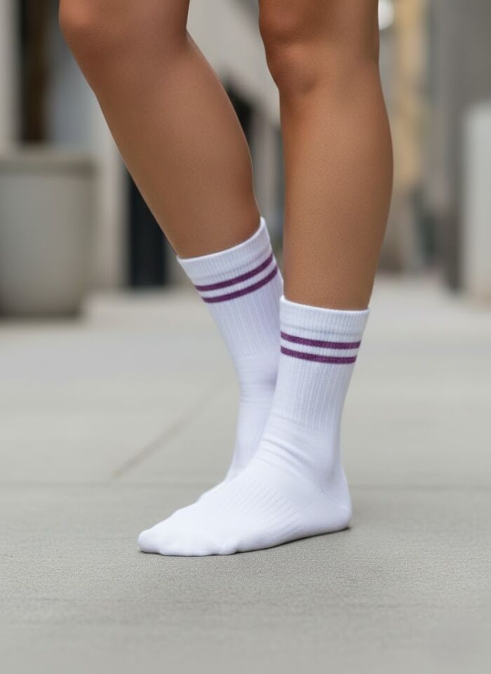 Beyaz-Mor (Simli) Çizgili Kolej Çorap