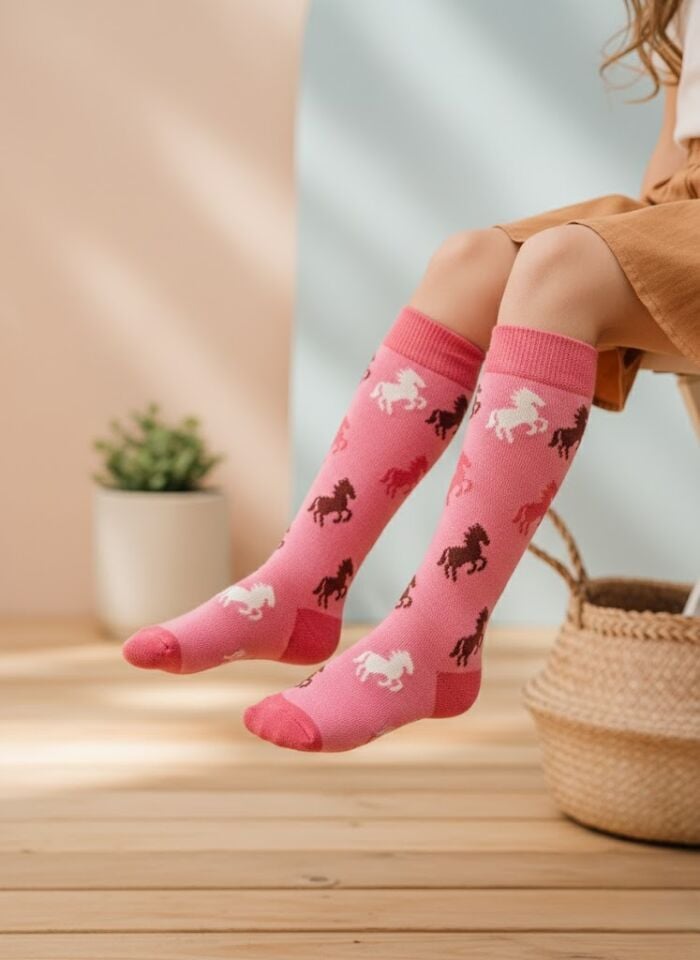 Pembe At Desenli Çocuk Dizaltı Çorap