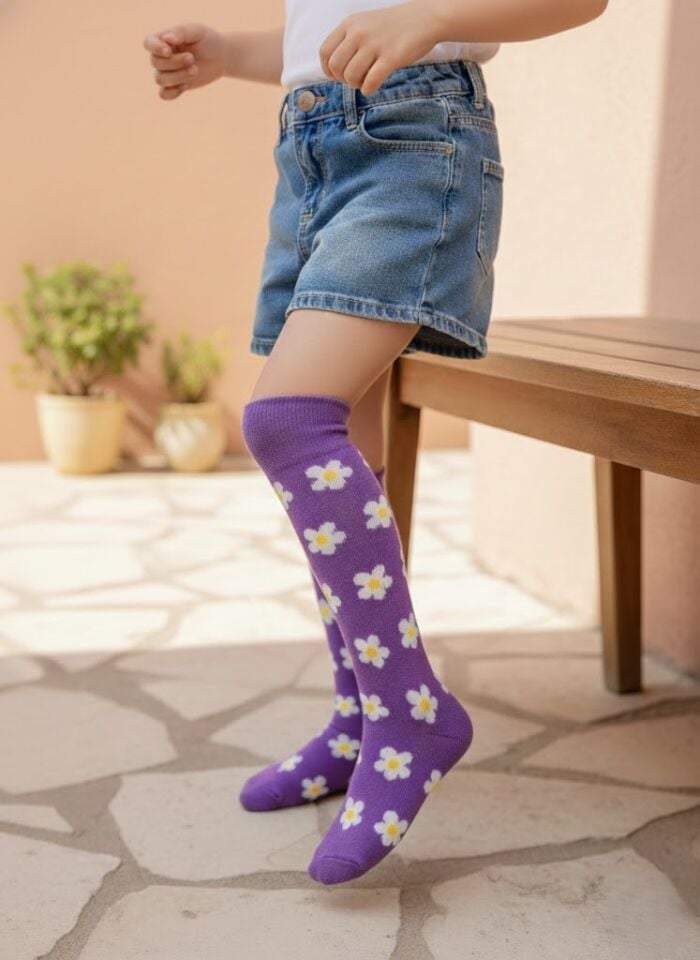 Papatya Desenli Çocuk Dizaltı Çorap
