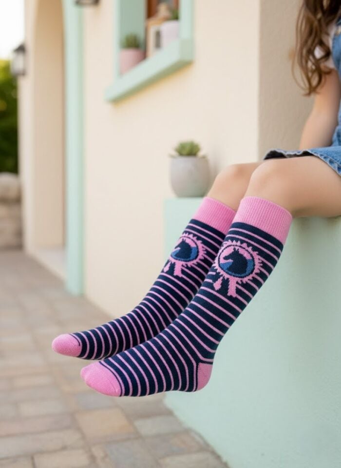 Pembe Çizgili At Desenli Çocuk Dizaltı Çorap