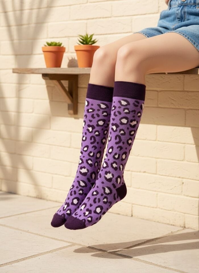 Mor Leopar Desenli Çocuk Dizaltı Çorap