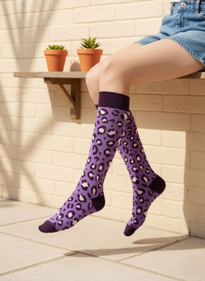 Mor Leopar Desenli Çocuk Dizaltı Çorap