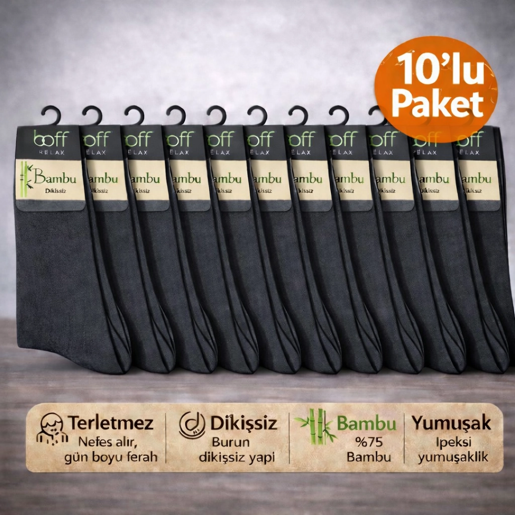 Baff Relax Erkek Bambu Çorap 10’lu Paket (6 Renk)-Füme