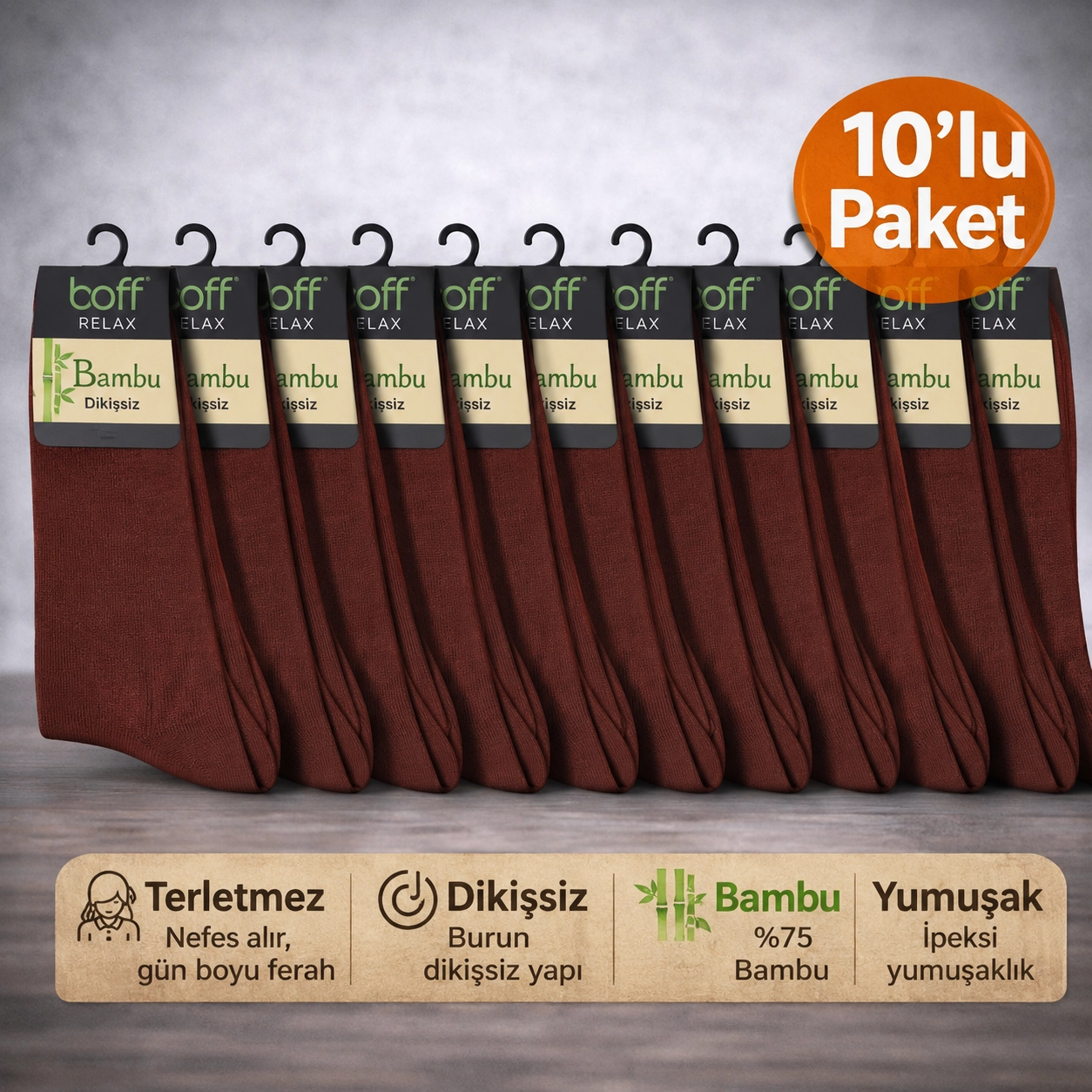 Baff Relax Erkek Bambu Çorap 10’lu Paket (6 Renk)-Kahverengi