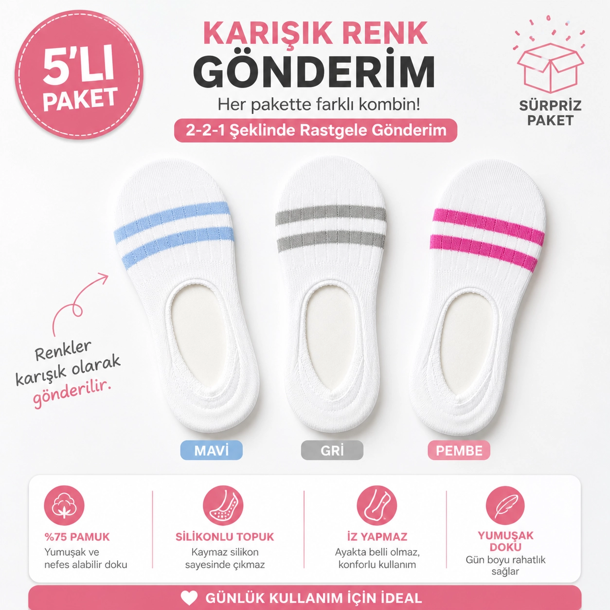 Baff Çemberli 5’li Pamuk Kadın Babet Çorap (Silikonlu)