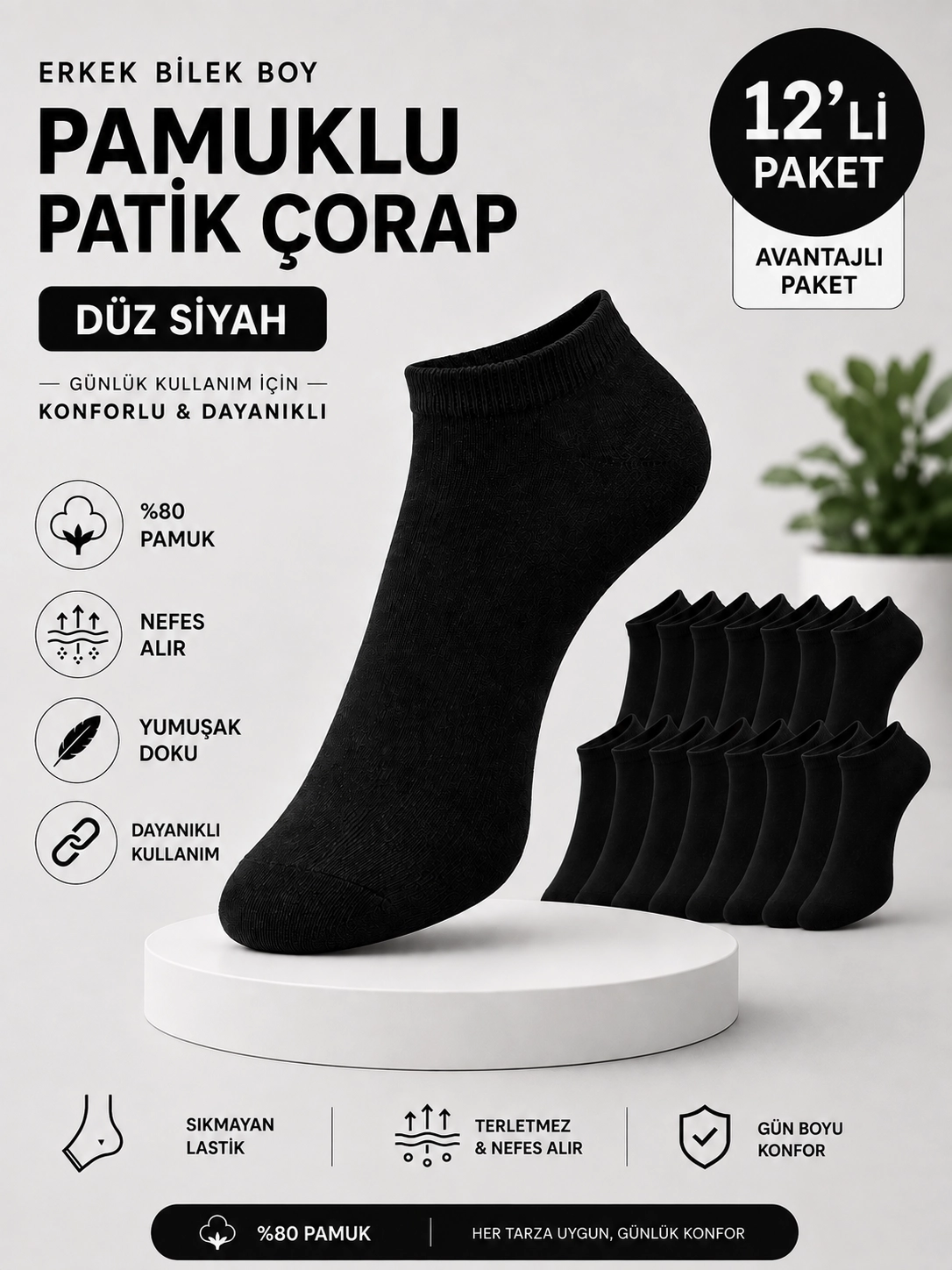 BAFF Erkek Pamuklu Düz Siyah Patik Çorap 12’li Paket 