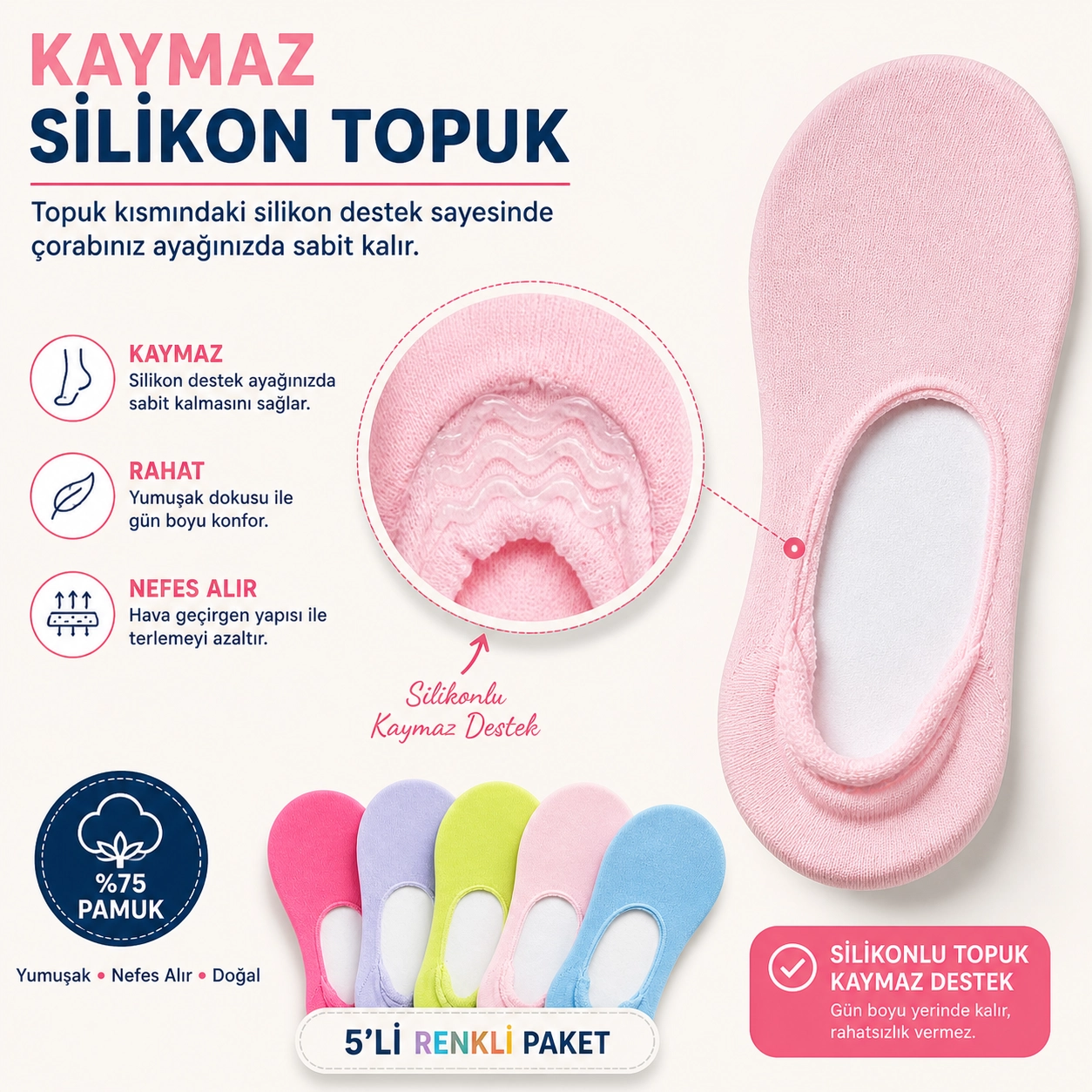 Baff Renkli 5’li Pamuk Kadın Babet Çorap (Silikonlu)