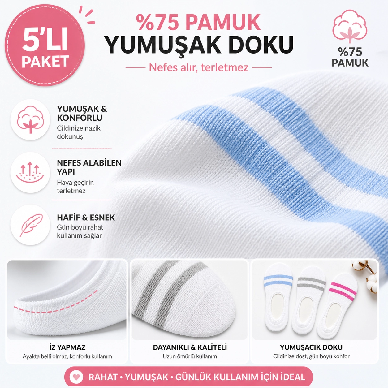 Baff Çemberli 5’li Pamuk Kadın Babet Çorap (Silikonlu)