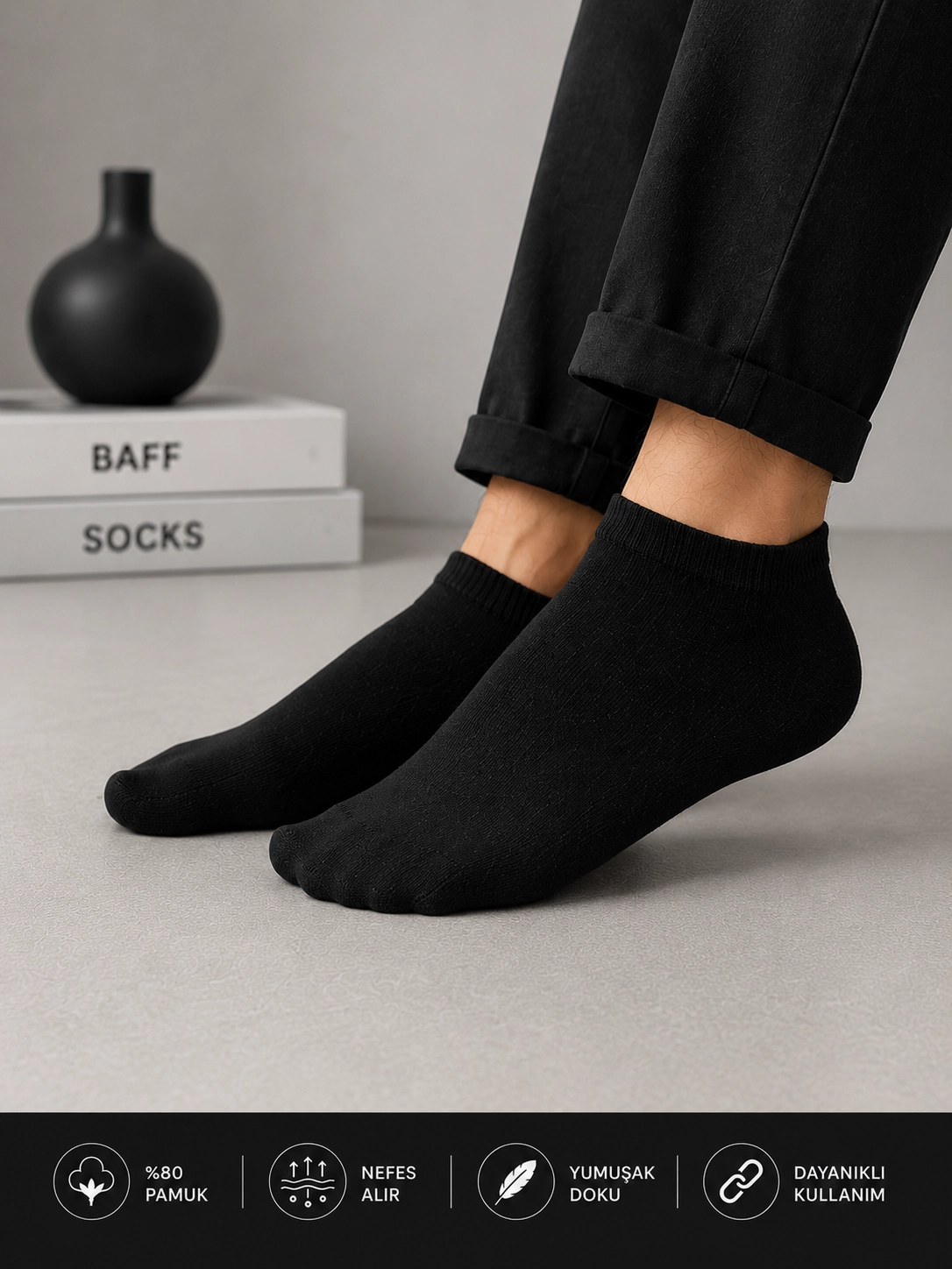 BAFF Erkek Pamuklu Düz Siyah Patik Çorap 12’li Paket 