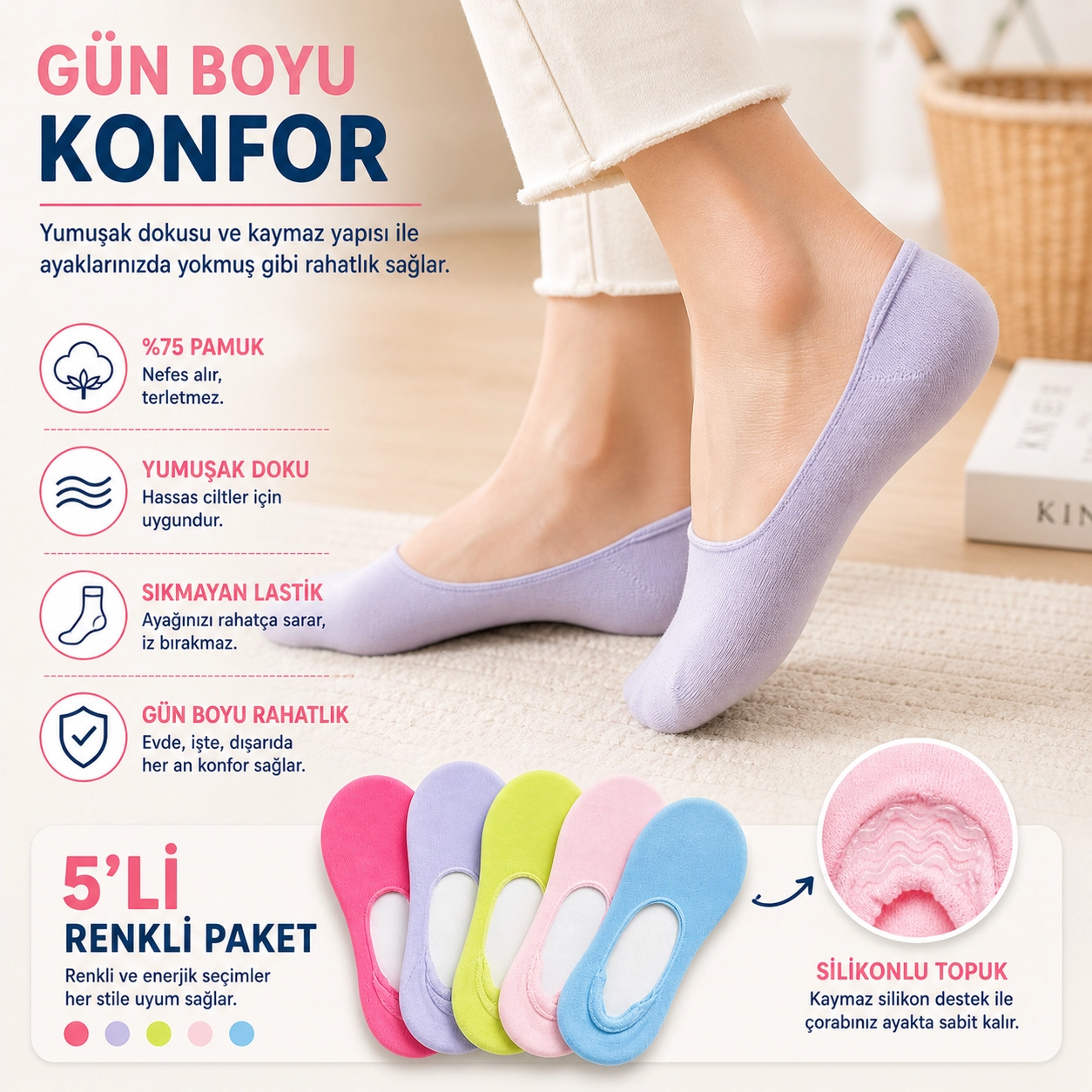 Baff Renkli 5’li Pamuk Kadın Babet Çorap (Silikonlu)