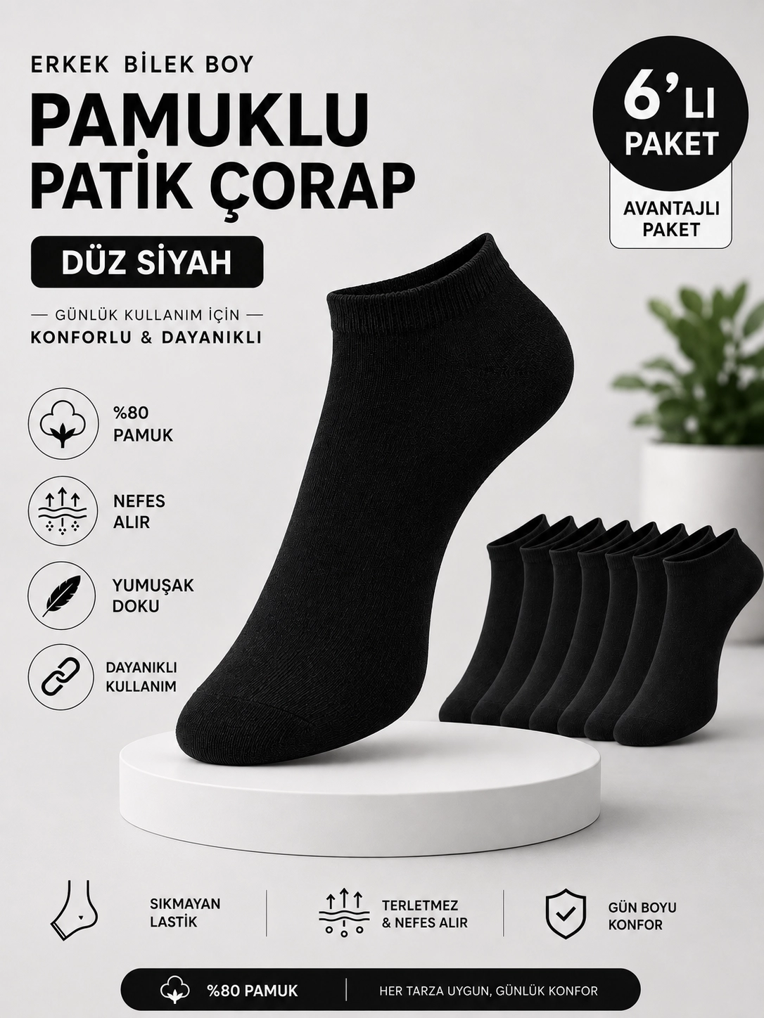 BAFF Erkek Pamuklu Düz Siyah Patik Çorap 6’lı Paket 