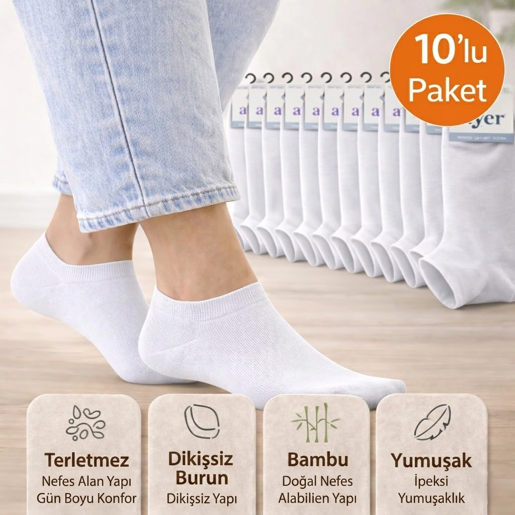 Baff Bambu Beyaz Patik Çorap 10’lu Paket Unisex (5 Renk)