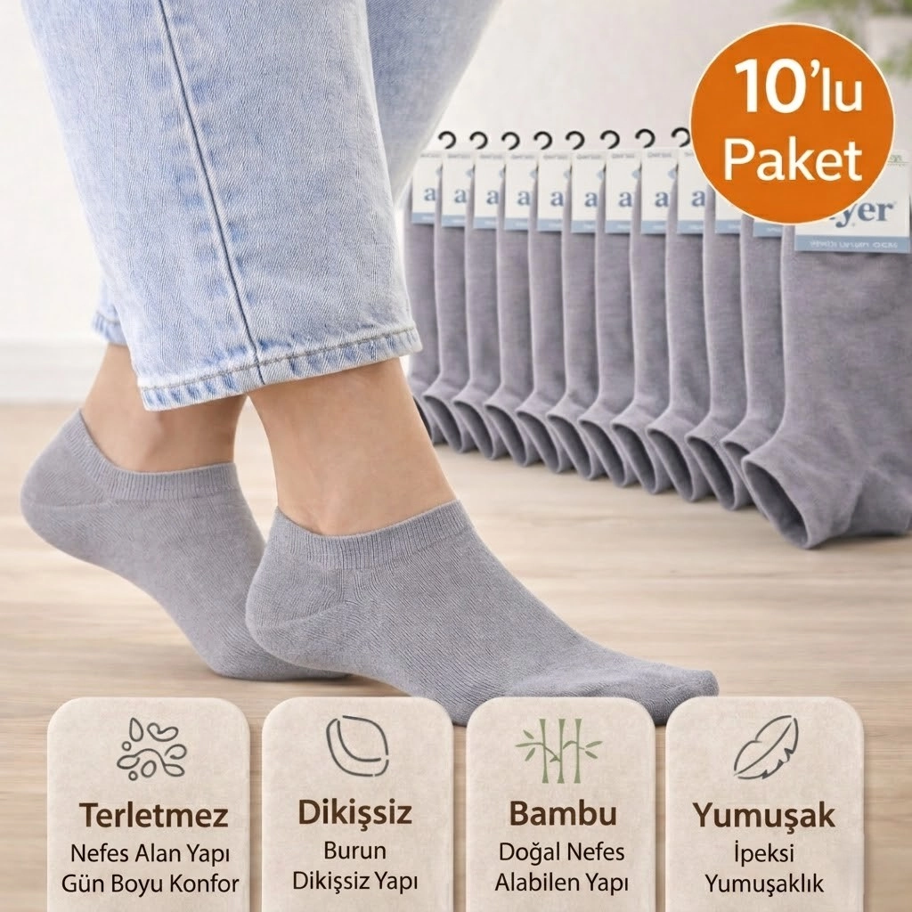 Baff Bambu Gri Patik Çorap 10’lu Paket Unisex