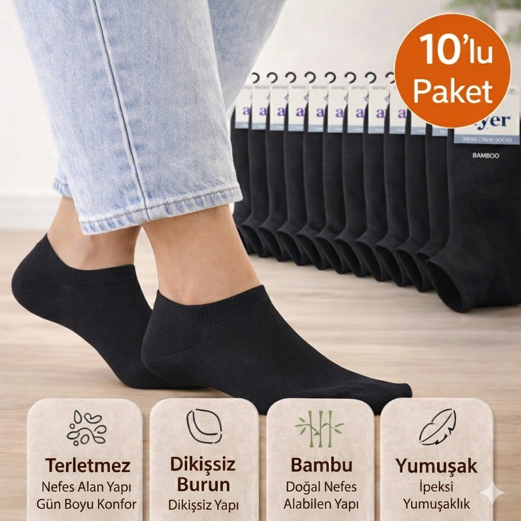 Baff Bambu Siyah Patik Çorap 10’lu Paket Unisex 