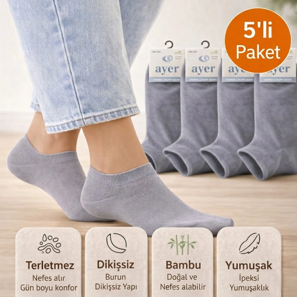 Baff Bambu Gri Patik Çorap 5’li Paket Unisex
