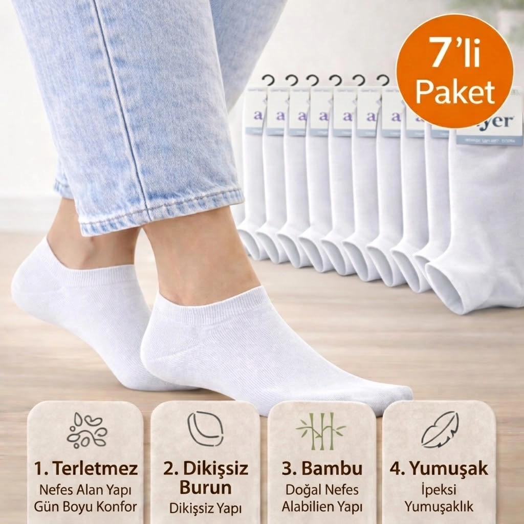 Baff Bambu Beyaz Patik Çorap 7’li Paket Unisex (5 Renk)