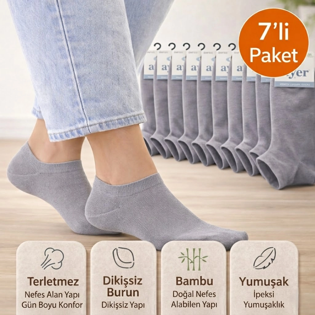 Baff Bambu Gri Patik Çorap 7’li Paket Unisex 