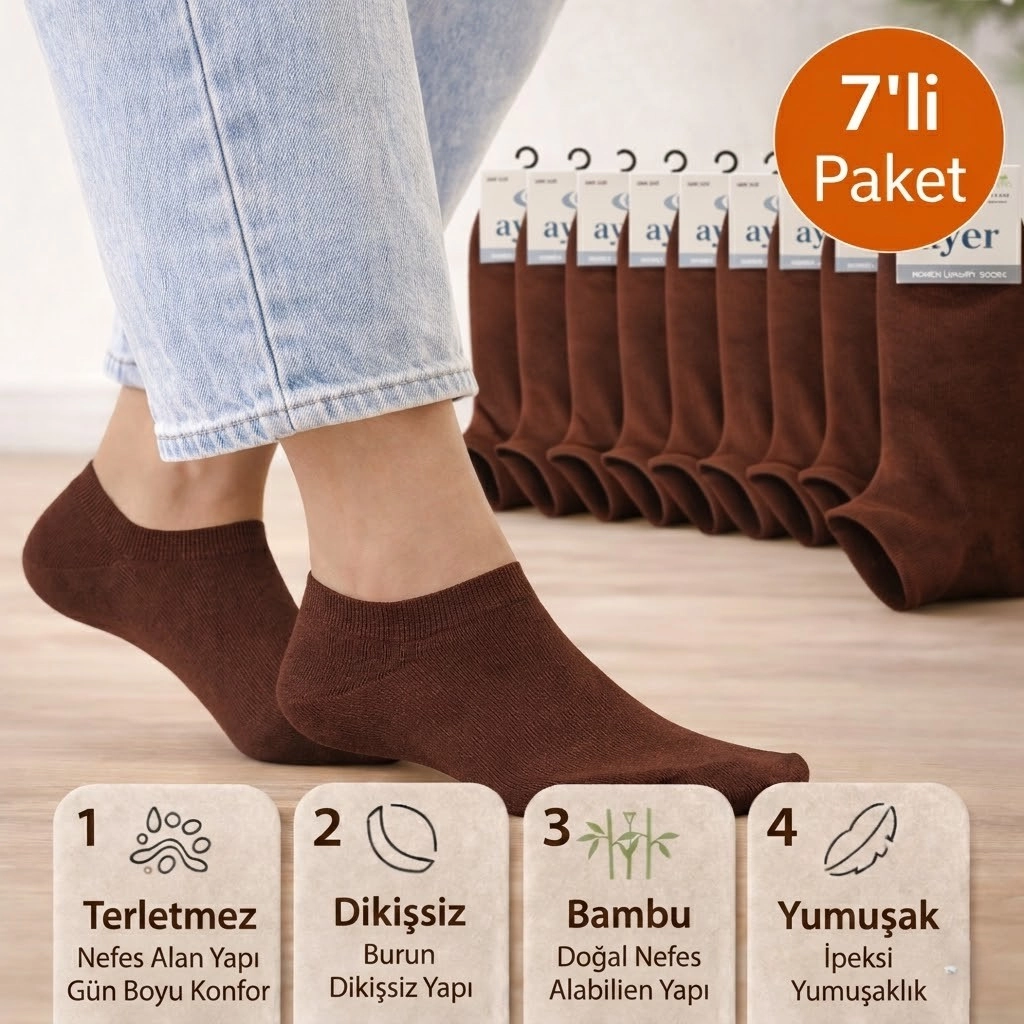 Baff Bambu Kahverengi Patik Çorap 7’li Paket Unisex