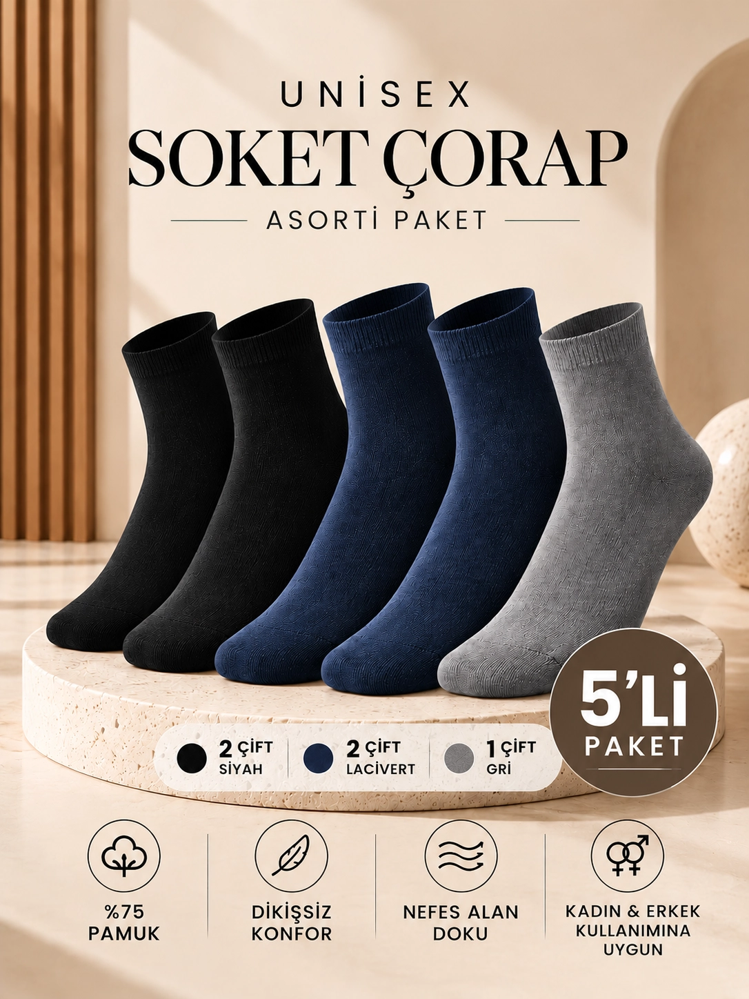 BAFF Unisex %75 Pamuklu Dikişsiz Soket Çorap 5’li Paket