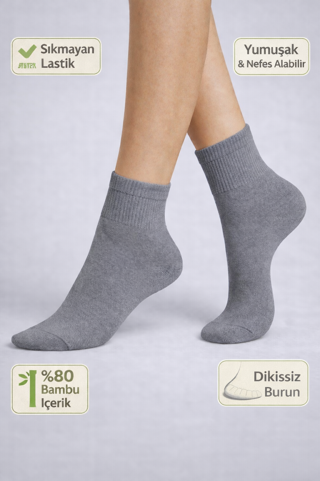 Baff Gri Orta  Konç Patik (10’lu Paket)