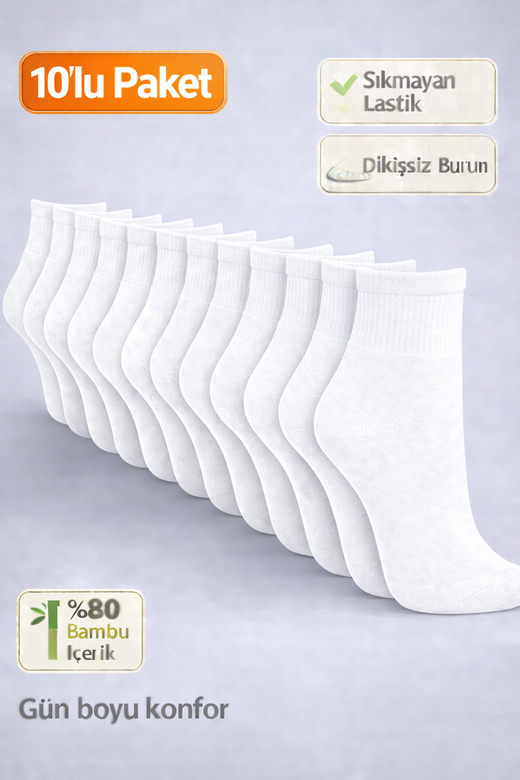 Baff Beyaz Orta  Konç Patik (10’lu Paket)