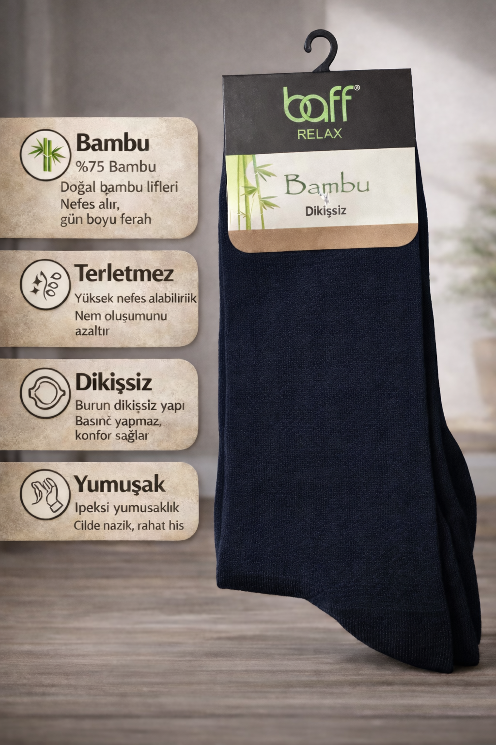 Baff Relax Erkek Bambu Çorap 5’li Paket (6 Renk)