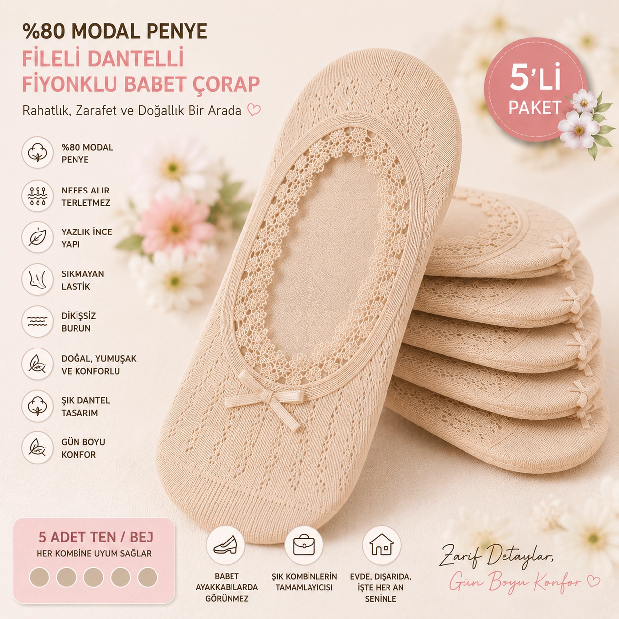Baff 5’li Bej Modal Penye Fileli Dantelli Fiyonklu Kadın Babet Çorap