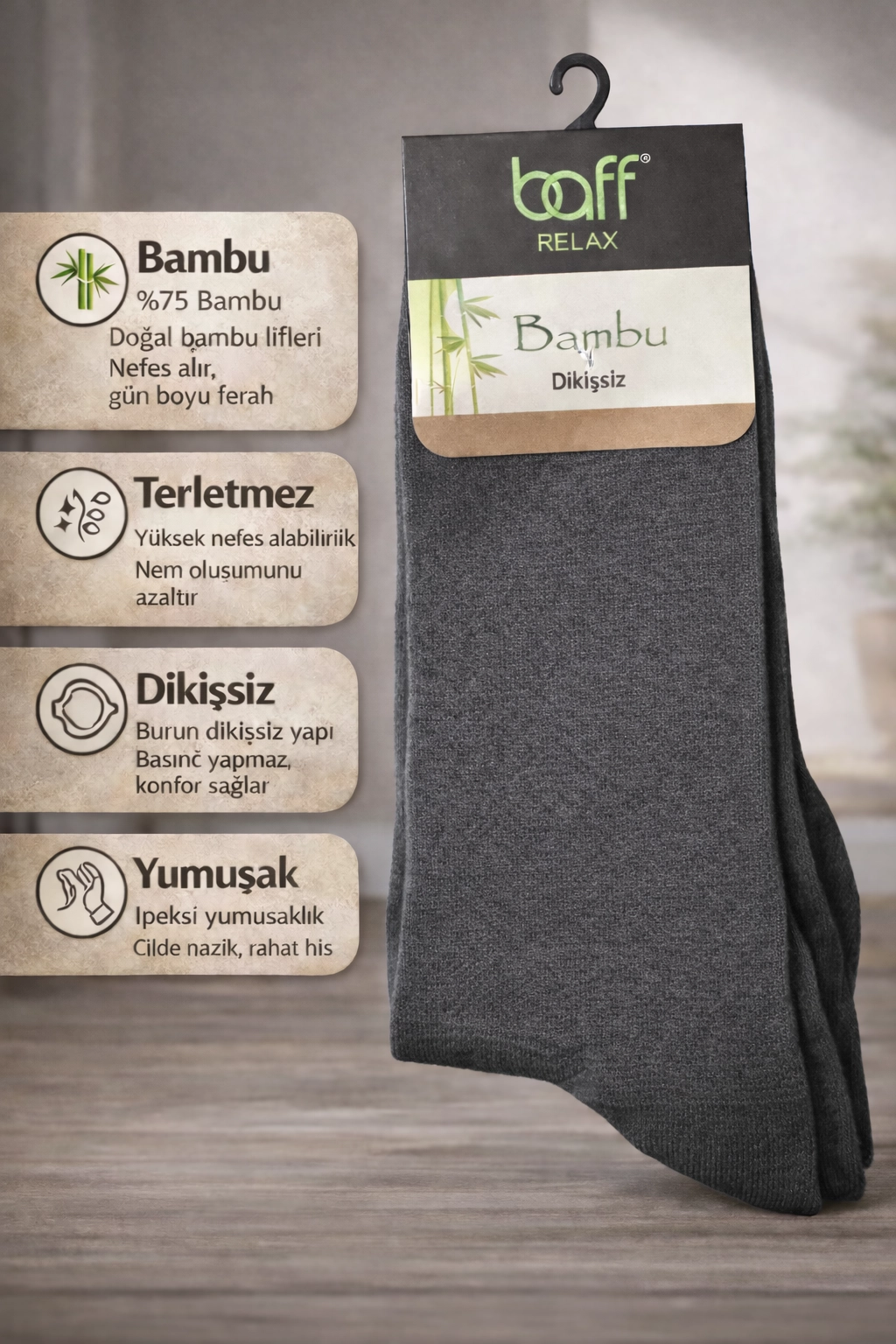 Baff Relax Erkek Bambu Çorap 10’lu Paket (6 Renk)-Füme
