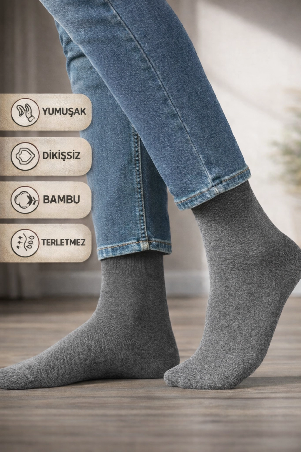 Baff Relax Erkek Bambu Çorap 10’lu Paket (6 Renk)-Gri