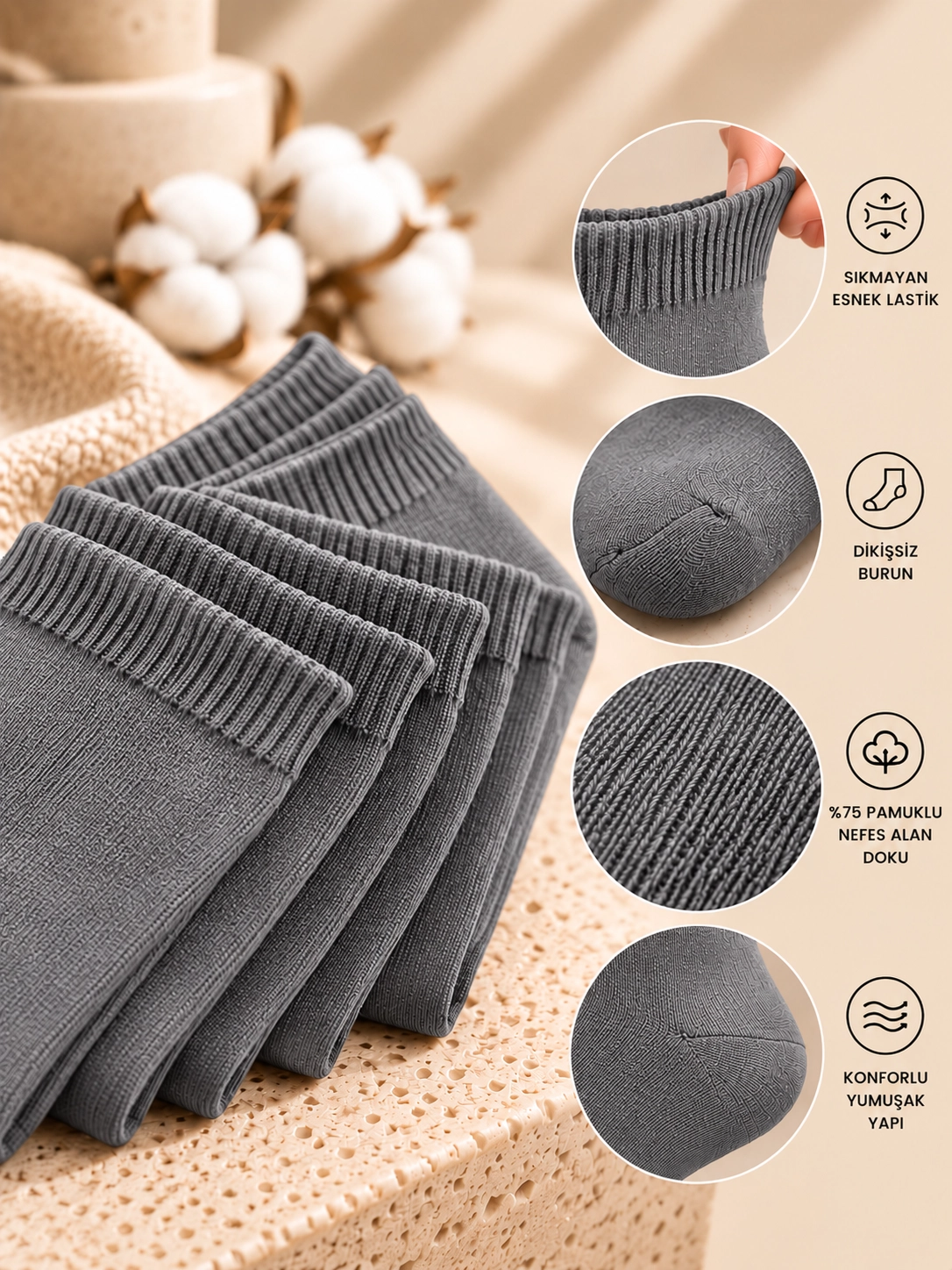 BAFF Unisex %75 Pamuklu Dikişsiz Soket Çorap 5’li Paket