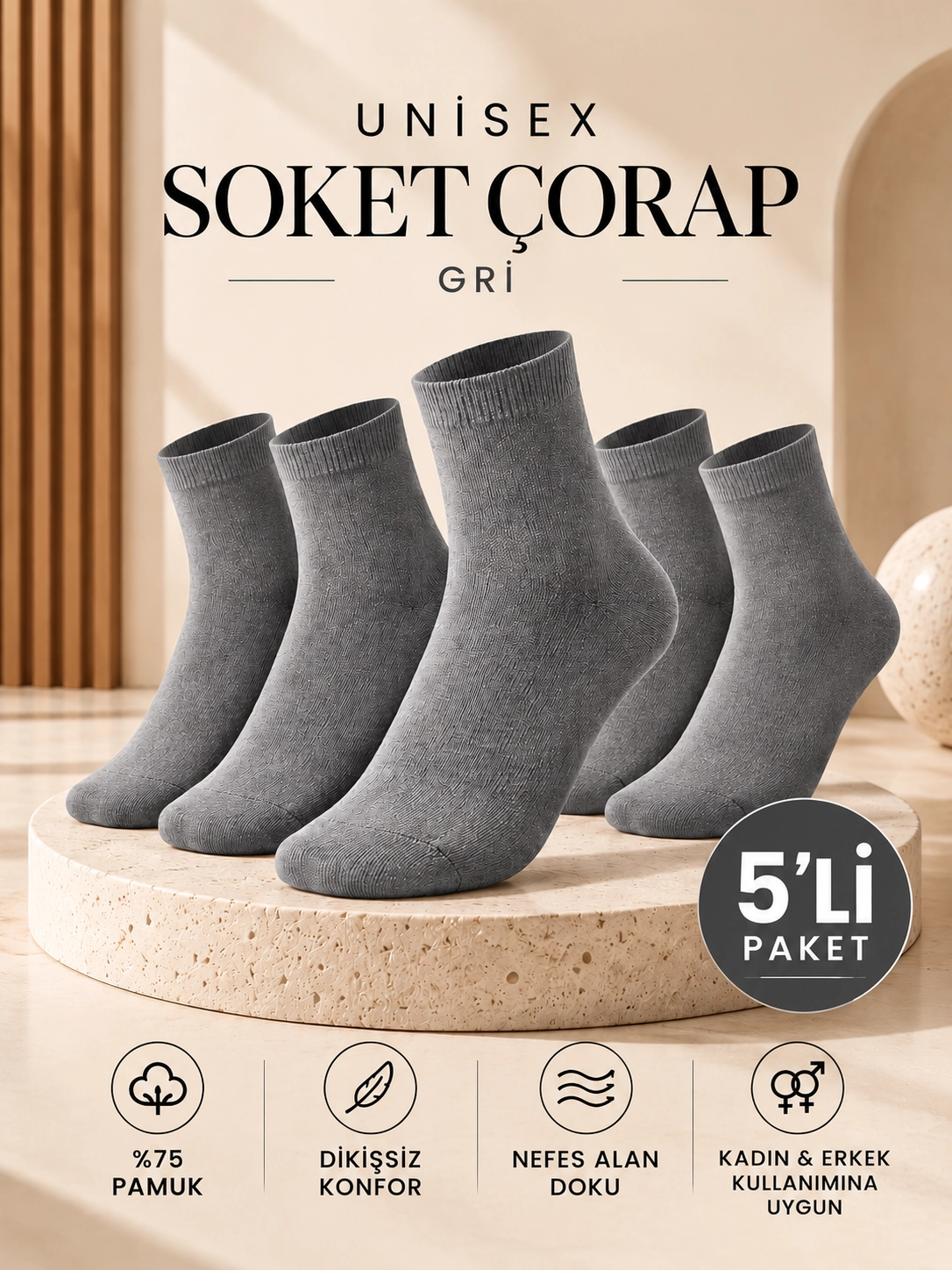 BAFF Unisex %75 Pamuklu Dikişsiz Soket Çorap 5’li Paket
