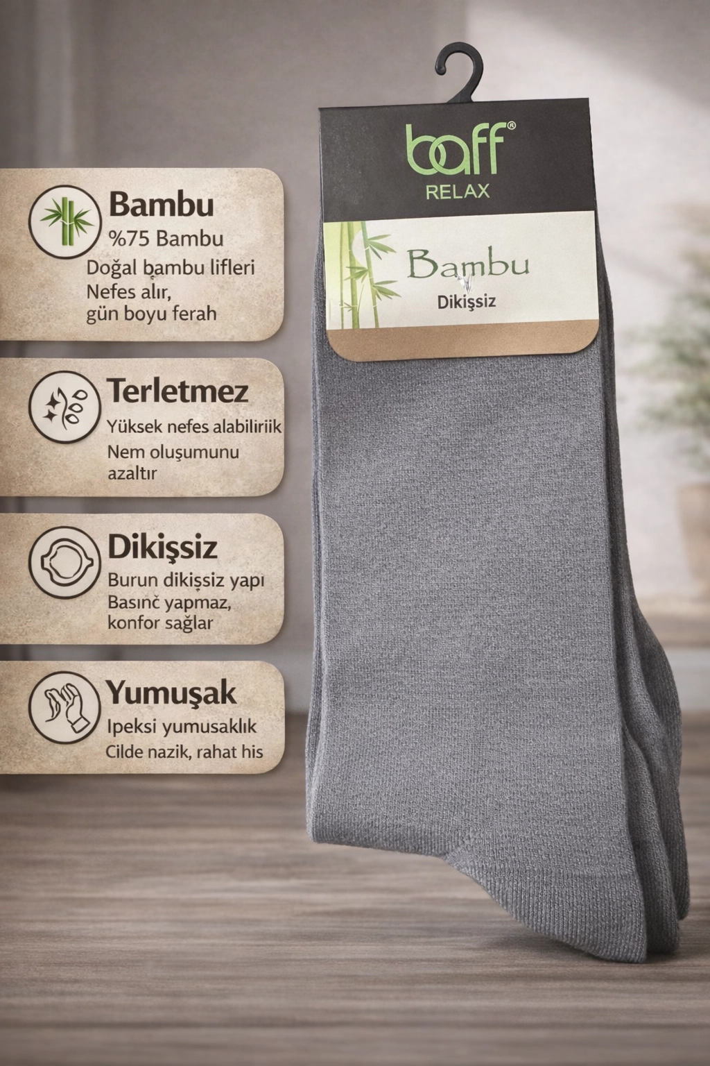 Baff Relax Erkek Bambu Çorap 10’lu Paket (6 Renk)-Gri