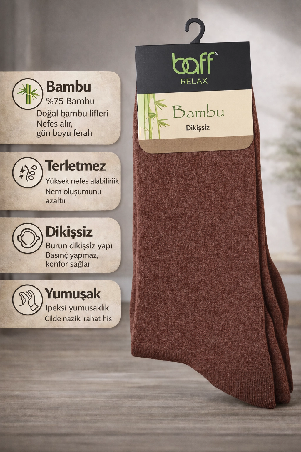 Baff Relax Erkek Bambu Çorap 10’lu Paket (6 Renk)-Kahverengi