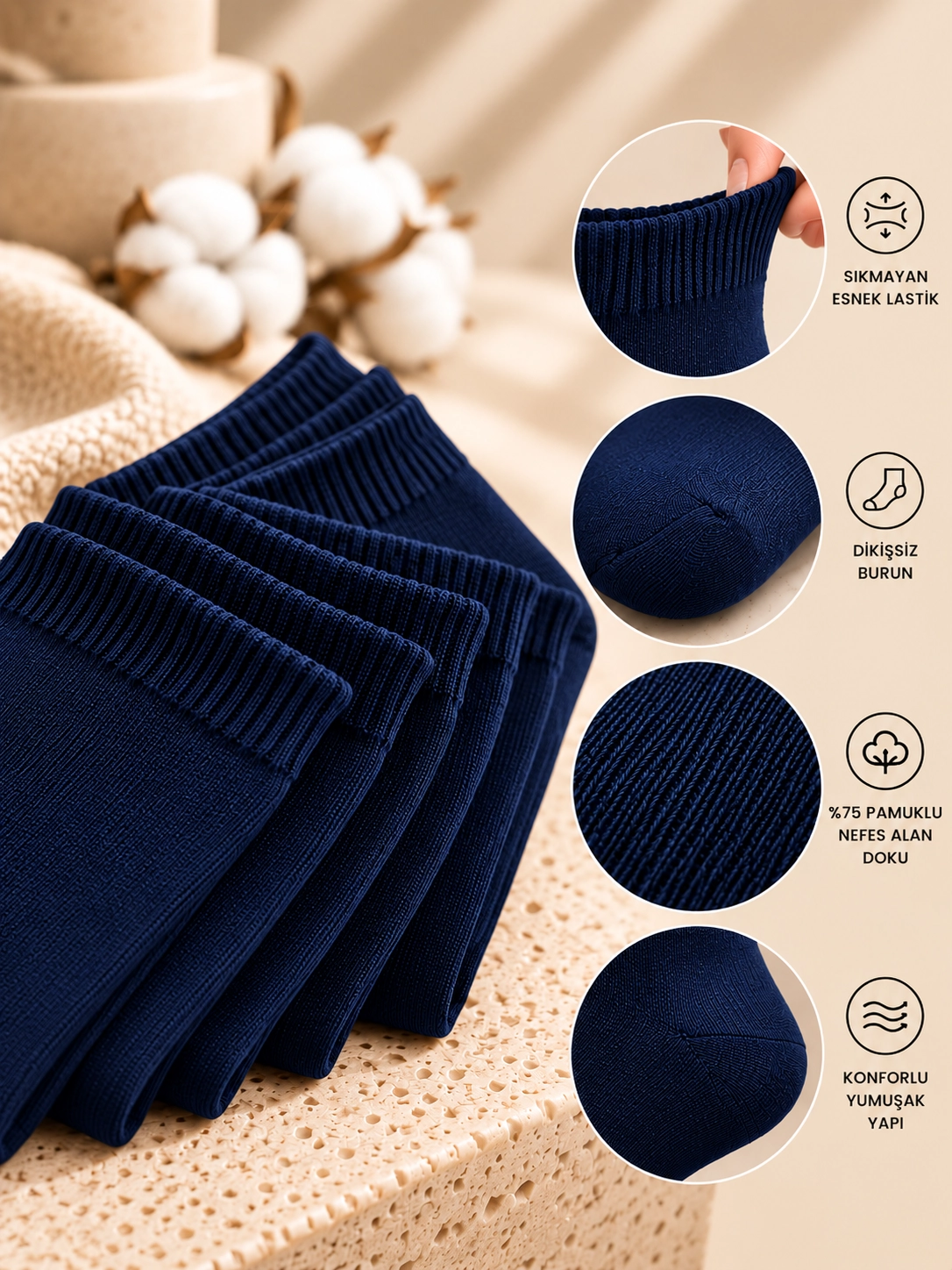 BAFF Unisex %75 Pamuklu Dikişsiz Soket Çorap 5’li Paket