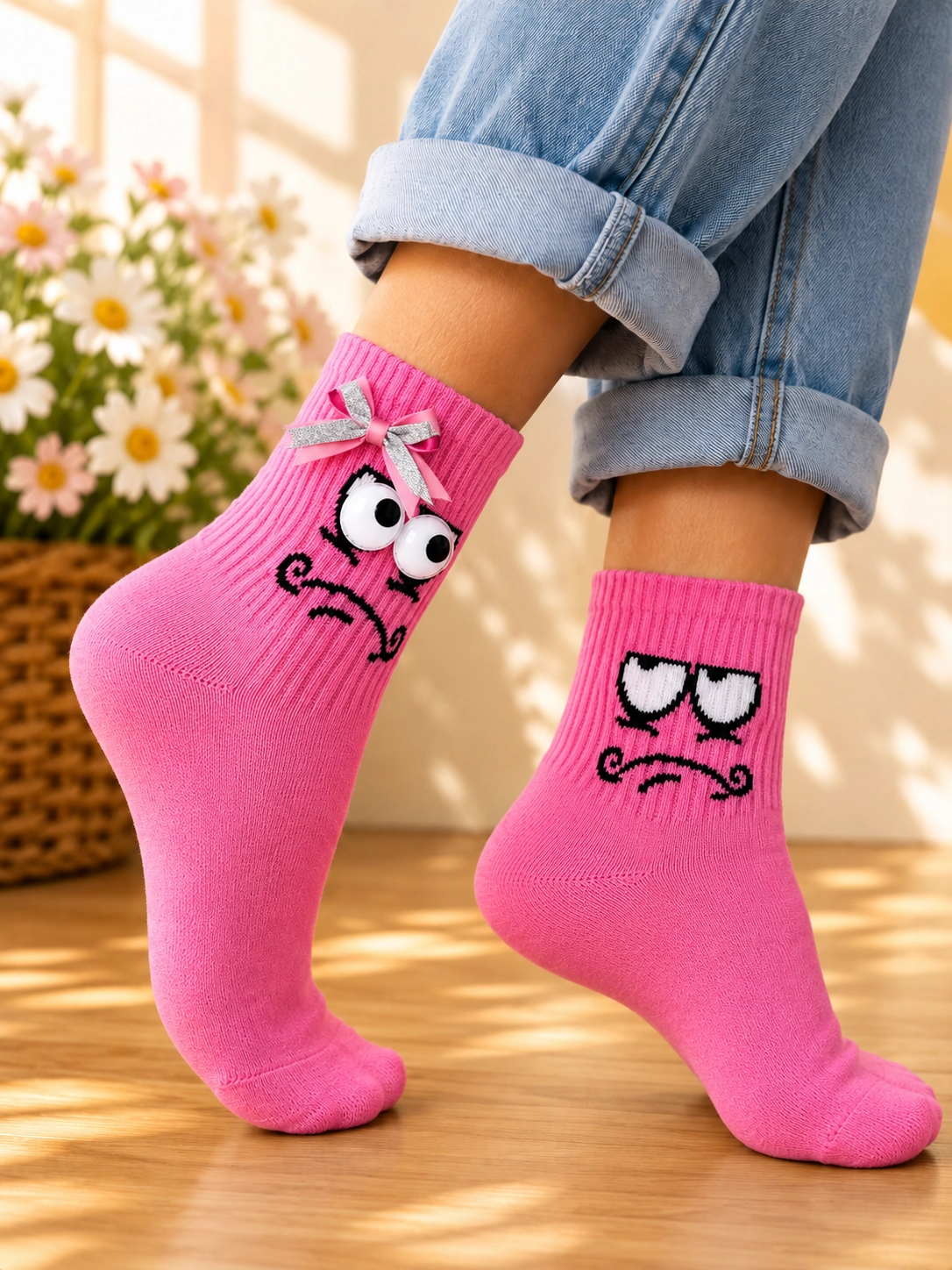 3D Göz Detaylı Fiyonklu Pembe Soket Çorap