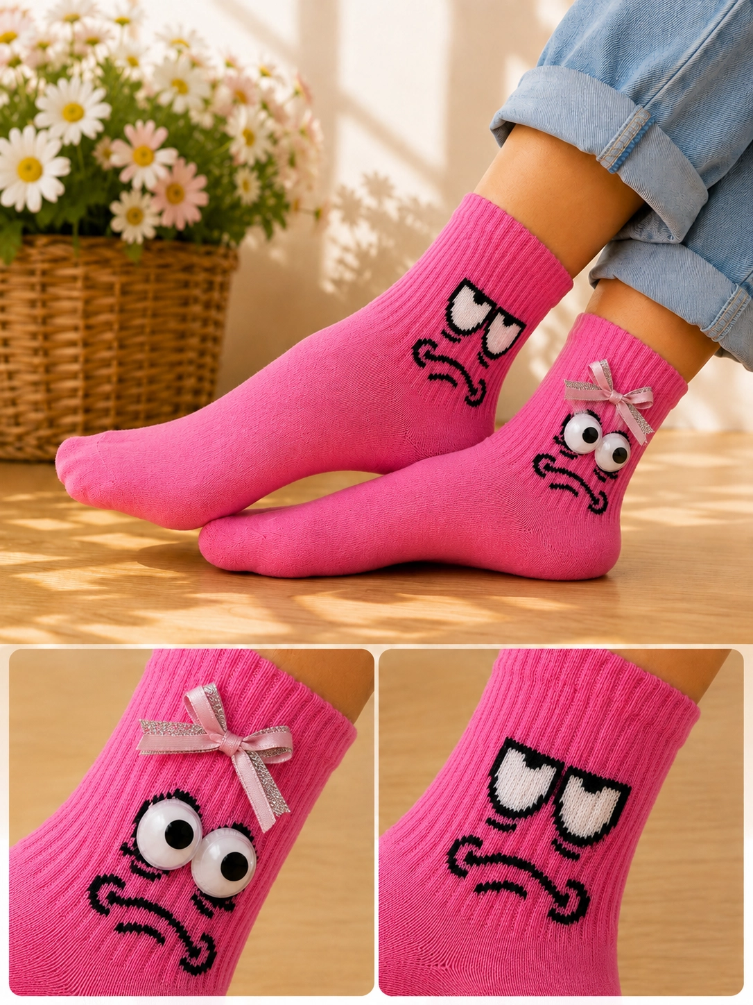 3D Göz Detaylı Fiyonklu Pembe Soket Çorap
