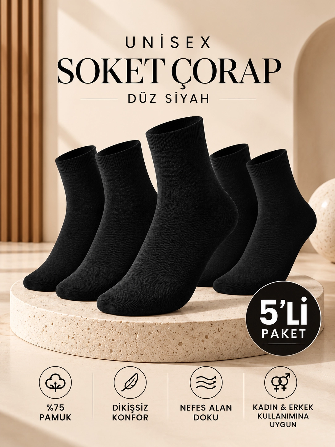 BAFF Unisex %75 Pamuklu Dikişsiz Soket Çorap 5’li Paket