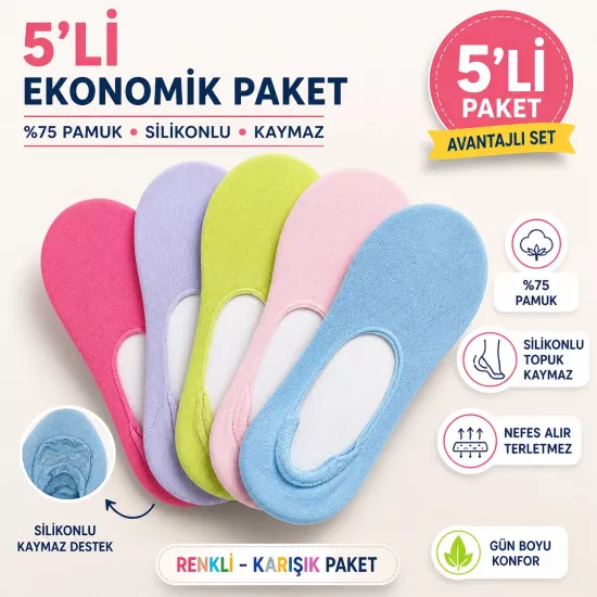 Baff Renkli 5’li Pamuk Kadın Babet Çorap (Silikonlu)