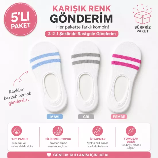 Baff Çemberli 5’li Pamuk Kadın Babet Çorap (Silikonlu)