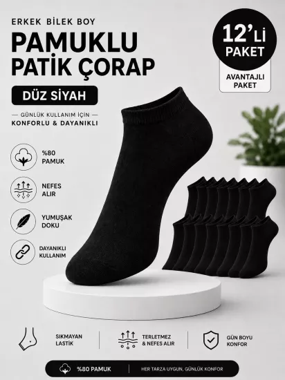 Erkek Pamuklu Düz Siyah Patik Çorap 12’li Paket 