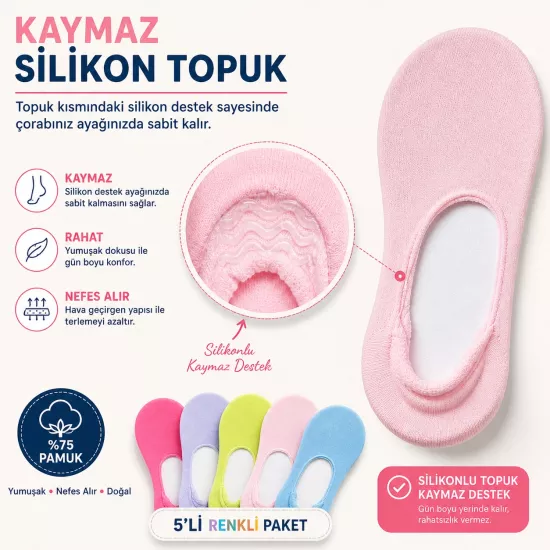 Baff Renkli 5’li Pamuk Kadın Babet Çorap (Silikonlu)