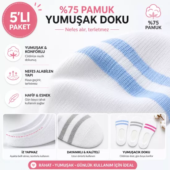 Baff Çemberli 5’li Pamuk Kadın Babet Çorap (Silikonlu)