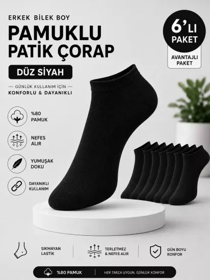 Erkek Pamuklu Düz Siyah Patik Çorap 6’lı Paket 