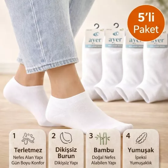Baff Bambu Beyaz Patik Çorap 5’li Paket Unisex (5 Renk)