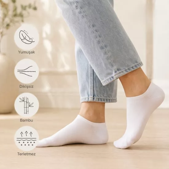 Baff Bambu Beyaz Patik Çorap 5’li Paket Unisex (5 Renk)