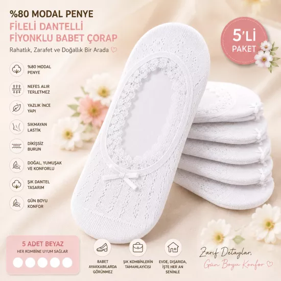 Baff 5’li Beyaz Modal Penye Fileli Dantelli Fiyonklu Kadın Babet Çorap