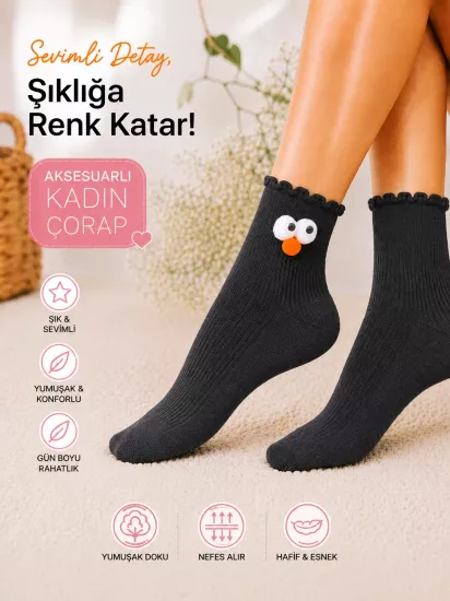 Hareketli 3D Göz Detaylı Pamuklu Siyah Soket Çorap