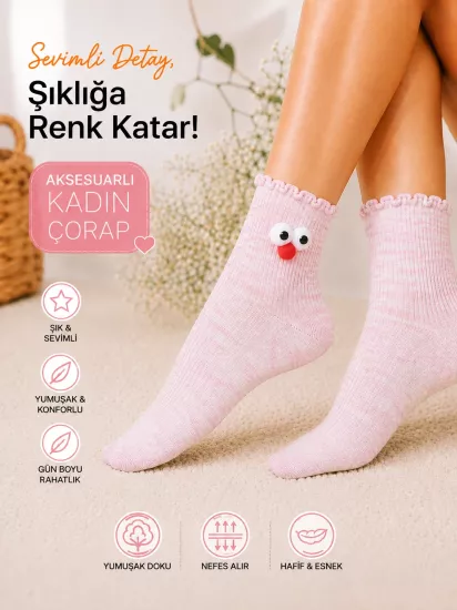 Hareketli 3D Göz Detaylı Pamuklu Pembe Soket Çorap